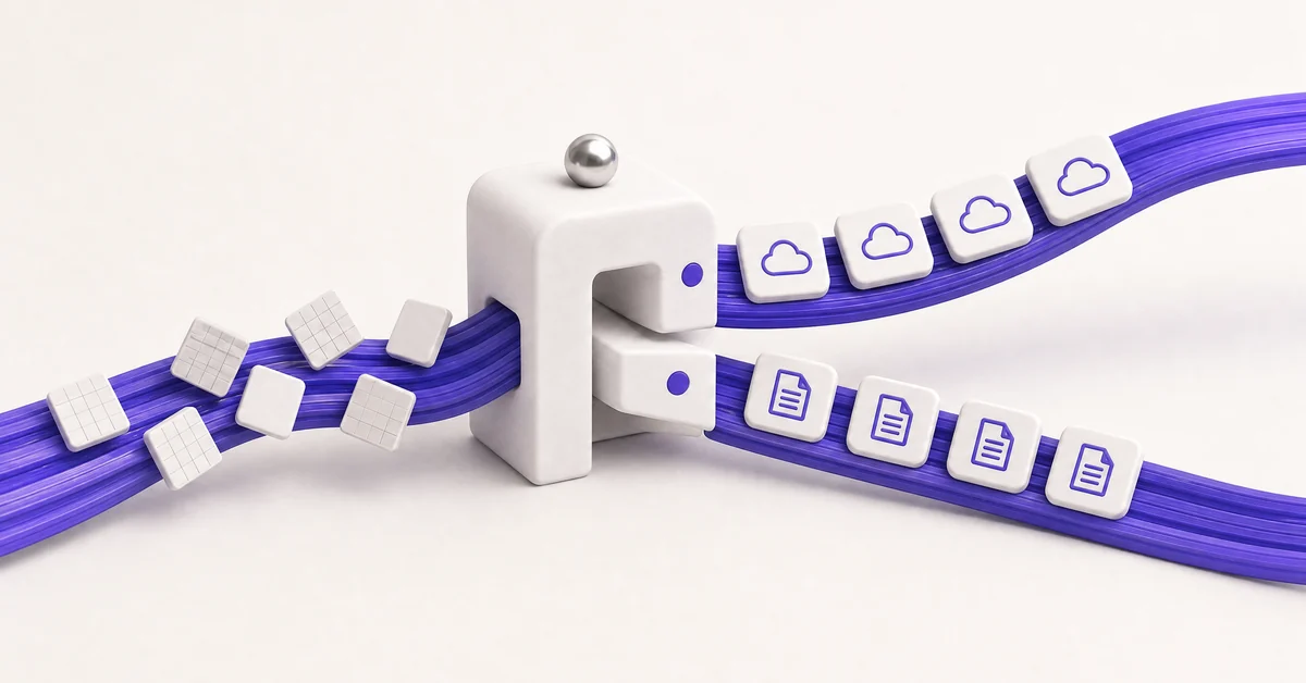 A white clay sorting gate on the indigo Klavius ribbon, sending cloud tiles one way and document tiles the other