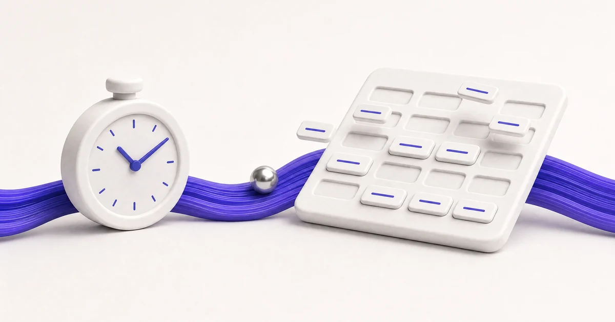 A white clay stopwatch on the indigo Klavius ribbon, beside a form tablet whose fields are filled one by one with indigo tiles